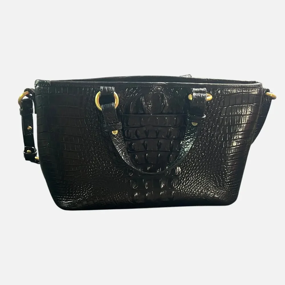 Brahmin Mini Asher Black Melbourne Croc Embossed Leather Satchel Crossbody